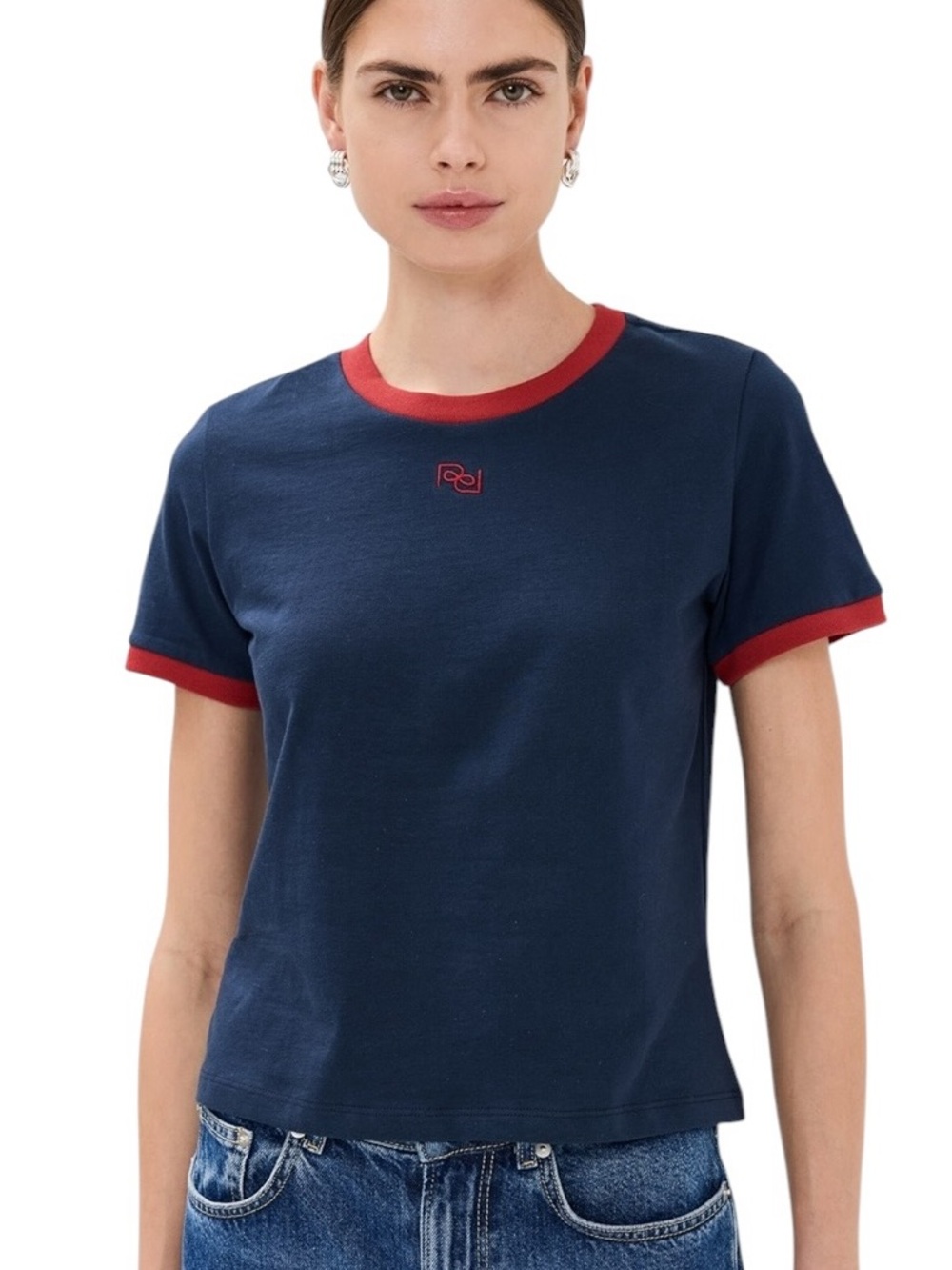 Reformation Organic Cotton Classic Crew Tee Shirt Navy Red Size XS